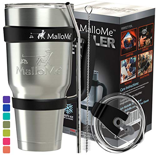 Product Cover MalloMe Tumbler Stainless Steel Insulated Tumbler With Straw - Best Tumblers With Lids And Straws - Coffee 30 oz Cup Travel Mug Handle - 6 Piece - Like Yeti Tumbler Gift Set