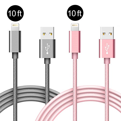Product Cover iPhone Cable 10 ft, IVVO 2 Pack Nylon Braided Durable USB Sync and Charging Cable for iPhone X Xs 8 7 7 Plus 6s 5s SE, iPad Pro, iPad Air, iPad Mini (Gray+Rose Golden)