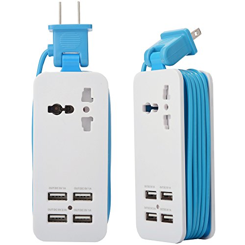Product Cover Mini USB Power Strip, 4 Port USB Charger Station 5V 2.1A-1A 21W Travel Charging Strip Outlets 5ft Extension Power Supply Cord with Universal Flat Wall Plug 100V-240V Input USB Power Sockets (Blue)