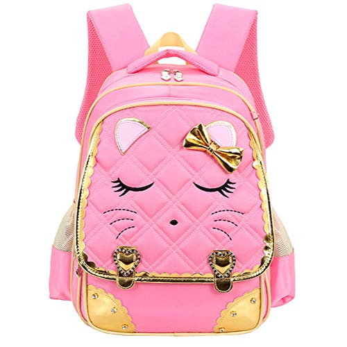 Product Cover Efree Cute Cat Face Bow Diamond Bling Waterproof Pink School Backpack Girls Book Bag (Large, Pink)