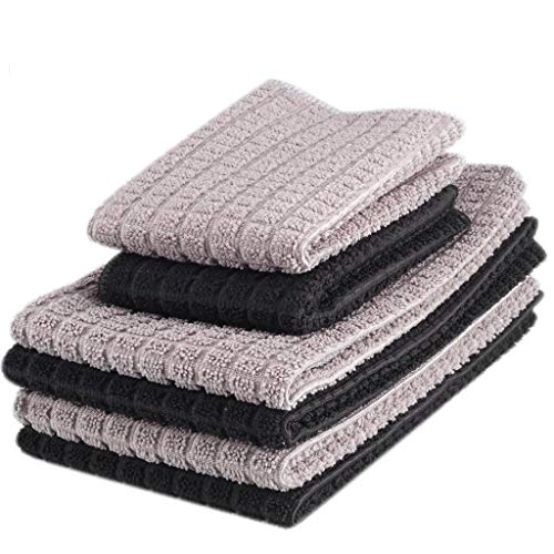 Product Cover Zksanmer 6 Packs Microfiber Kitchen Dish Cloth and Towel Set, Two Dish Cloth with Mesh Scour Side 12 x 12 Inch, Four Dish Towels 16 x 19 Inch, Absorbent and Fast Dry (Black and Gray Colors)