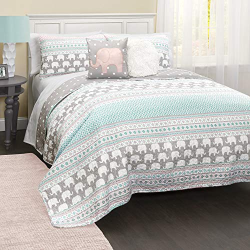 Product Cover Lush Decor Elephant Striped Quilt Reversible 5 Piece Bedding Set, Full/Queen, Pink & Turquoise