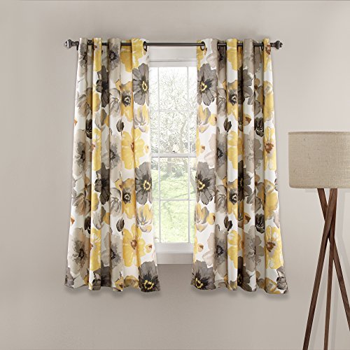 Product Cover Lush Decor Leah Floral Room Darkening Yellow and Gray Window Curtains Panel Set for Living Room, Dining Room, Bedroom (Pair), 63
