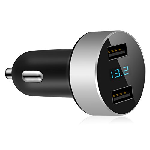 Product Cover Dual USB Car Charger,4.8A Output,Cigarette Lighter Voltage Meter Compatible for Apple iPhone,iPad,Samsung Galaxy,LG,Google Nexus,USB Charging Devices,Silver