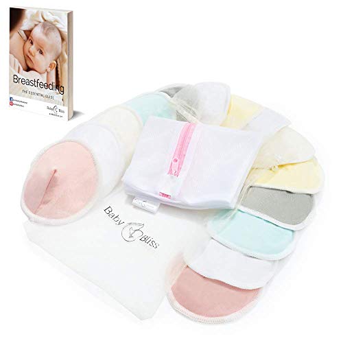 Product Cover BabyBliss Organic Bamboo Breastfeeding Nursing Pads - 14 Reusable Nipple Covers + Storage & Wash Bags - Available in 3 Sizes - Leak-Proof Nipple Pads for Maternity (L)