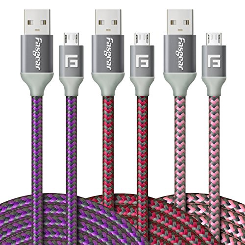 Product Cover Micro USB Cable, Fasgear 3 Pack (10ft/3M) Extra Long Micro USB to USB 2.0 Nylon Braided Fast Charging Data Cord Compatible with S7 Edge/S6/S5,HTC,Motorola,LG,Nokia,Android Phone (Purple,Pink,Rose)