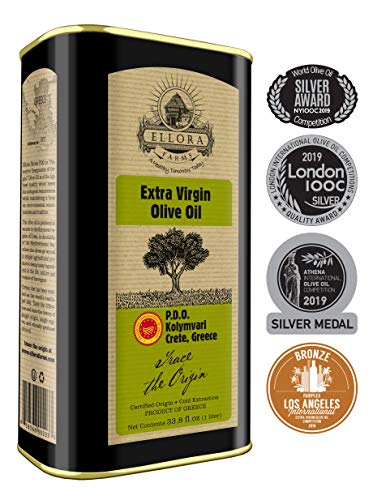 Product Cover Ellora Farms | Certified PDO Extra Virgin Olive Oil | Single Variety Koroneiki Olives | Cold Press & Traceable Olive Oil | Born in Ancient Crete, Greece | Kosher | 1 Lt Tin, total 33.8 oz.