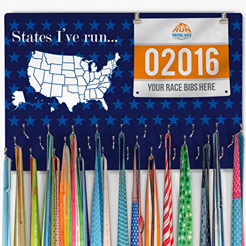 Product Cover Gone For a Run Hooked On Medals and Bibs | Medal Hanger and Bib Display | Running The USA Color in Map | Navy