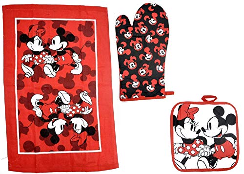 Product Cover Disney Oven Mitt Pot Holder & Dish Towel 3 pc Kitchen Set (Mickey Minnie Red)