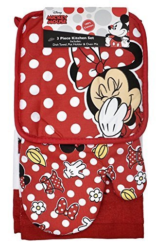 Product Cover Disney Oven Mitt Pot Holder & Dish Towel 3 pc Kitchen Set (Minnie Mouse Red)