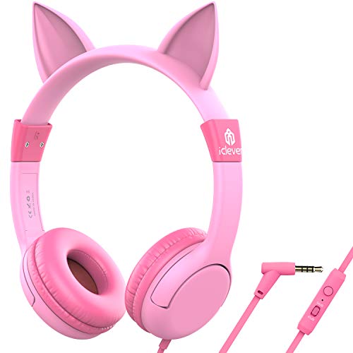 Product Cover [Upgrade]iClever Boostcare Kids Headphones Girls - Cat Ear Hello Kitty Wired Headphones for Kids on Ear, Adjustable 85/94dB Volume Control - Toddler Headphones with MIC for School Tablet, Pink