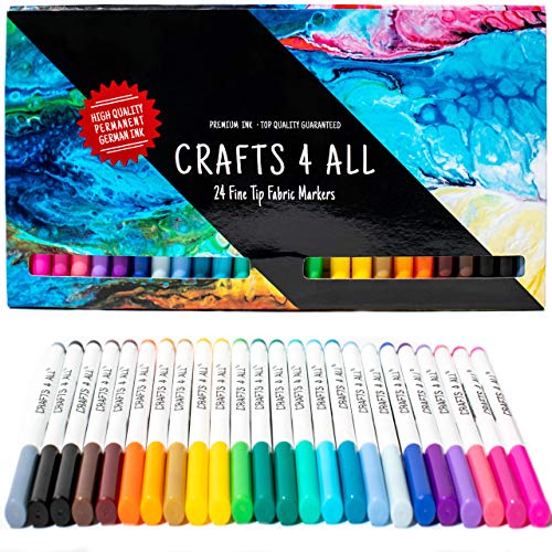 Product Cover Fabric Markers Pens Permanent 24 Colors Fabric Paint Art Markers Set Child Safe & Non-Toxic. Graffiti Fine Tip Minimal Bleed by Crafts 4 ALL