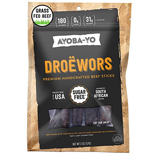 Product Cover Ayoba-Yo Droewors. Grass Fed Beef Sticks. Keto Certified, Paleo Certified and Whole30 Friendly. High Protein Steak Cuts. Made with Premium Meat. Gluten and Nitrate Free, No Sugar. 2 Ounce