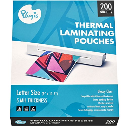 Product Cover Pluqis Thermal Laminating Pouches 5 mil, 9 x 11.5 inch (200 Letter Size Sheets), Use with Any Thermal Laminator, Clear, Glossy, Wrinkle Free, Anti Static, Photo Safe, Waterproof