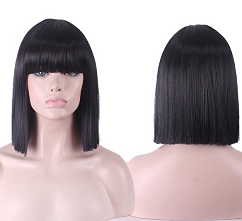 Product Cover Wehous 25cm Short Straight Natural Hair Extension Cosplay Wig Neat Bangs Bob Black