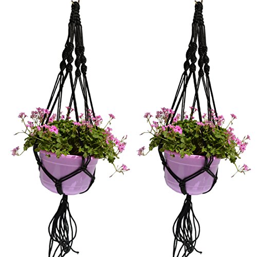 Product Cover ZJCilected 2 Pack Plant Hanger Macrame Jute with Hoop for Indoor Outdoor Balcony Ceiling Patio Deck Round and Square Pots, 4 Legs, 39.4 Inch(Black)