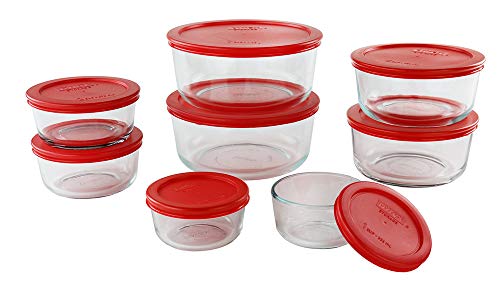 Product Cover Pyrex Simply Store Glass Round Food Container Set with Red Colored Lids, 16 Piece (Pack of 1)