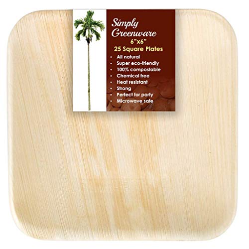 Product Cover Simply Greenware Palm Leaf Plates 6 Inch | 25 Count | Sturdy & Premium Quality Square Plates | 100% Compostable Disposable & Better than Paper Plates | Salads Appetizer Snacks Weddings Camping Luau !