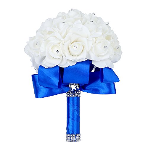 Product Cover Febou Wedding Bouquet, Big Size Blue Bridesmaid Bouquet Bridal Bouquet with Crystals Soft Ribbons, Artificial Rose Flowers for Wedding, Party and Church (Blue Big Size)