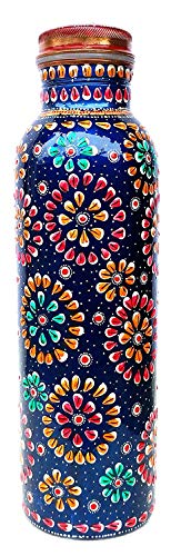 Product Cover Rastogi Handicrafts Pure copper Hand painted bottle blue capacity 33oz / 950 ml for drinking water storage/yoga bottle
