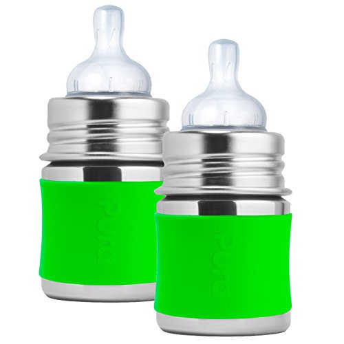Product Cover Pura Kiki Stainless Steel Infant Bottle with Green Silicone Sleeve, 5 Ounce, Set of 2