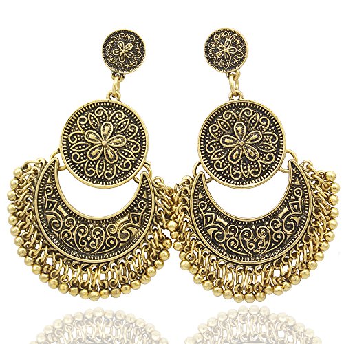 Product Cover RechicGu Vintage Gold Ethnic Bali Jhumka Jhumki Gold Brocade Lotus Mexico Gypsy Dangle Earrings with Gift Box