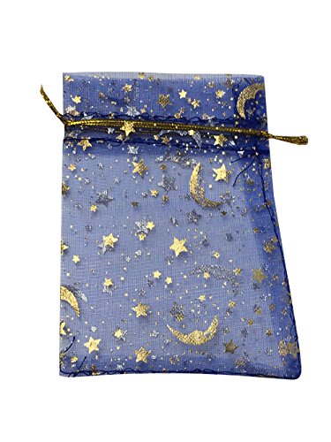 Product Cover SUNGULF 100Pcs Sheer Organza Drawstring Pouches Stars and Moon Wedding Gift Bags Blue Color 4x5 Inches