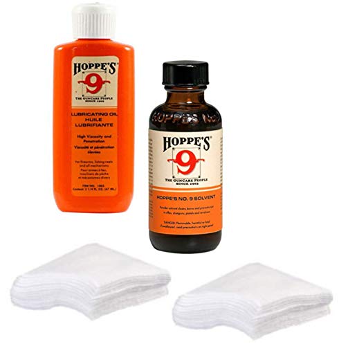 Product Cover Bushnell Hoppes Gun Bore Cleaner, Lubricating Oil with 40 Patches for .38, 9mm, .40, .44 and .45 Caliber Handguns / Pistols Made in USA