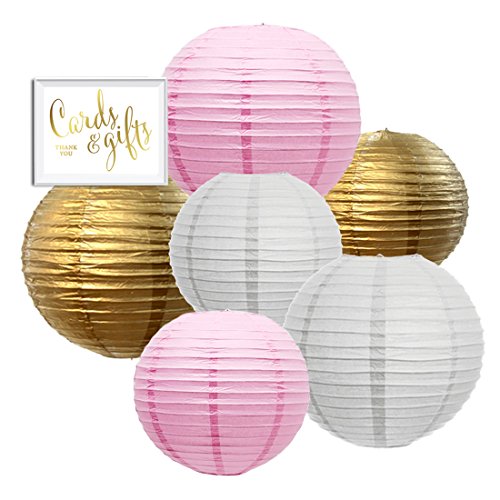 Product Cover Andaz Press Hanging Paper Lantern Party Decor Trio Kit with Gold Party Sign, Gold, Pink, White, 6-Pack, for Girl 1st Birthday Baby Shower Baptism Communion Christening Decorations