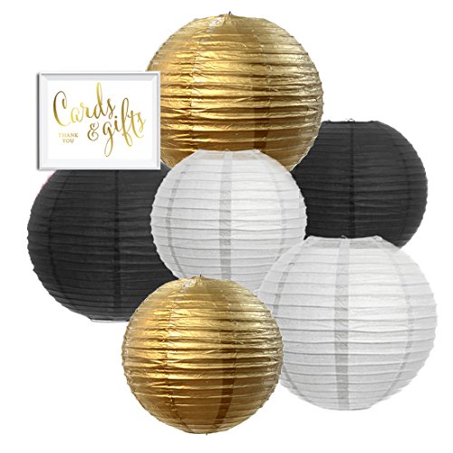 Product Cover Andaz Press Hanging Paper Lantern Party Decor Trio Kit with Gold Party Sign, Gold, Black, White, 6-Pack, for New Year's Cheers Bitches Bachelorette Shower Decorations