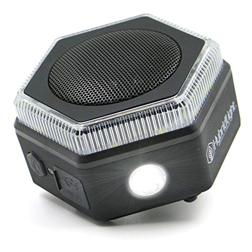 Product Cover Hybridlight HEX Bluetooth Speaker, 400 Lumen Flashlight, Lantern, FM Radio, Micro SD Card Reader. Charge Out to Cell Phones. Solar Panel Charges Indoors or Out. Quick Charge Using Included USB Cable