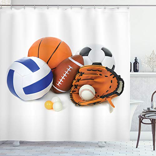 Product Cover Ambesonne Sports Shower Curtain, Many Different Sports Balls All Together Championship Ping Pong Volleyball Olympics, Cloth Fabric Bathroom Decor Set with Hooks, 70