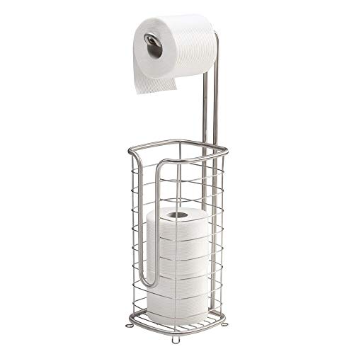 Product Cover mDesign Free Standing Toilet Paper Holder Stand and Dispenser, with Storage for 3 Spare Rolls of Toilet Tissue While Dispensing 1 Roll - for Bathrooms/Powder Rooms - Holds Mega Rolls - Brushed Silver