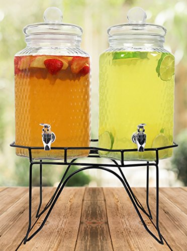 Product Cover Estilo Hammered Glass Double Beverage Drink Dispenser On Stand With Leak Free Spigot, 1 gallon, Clear