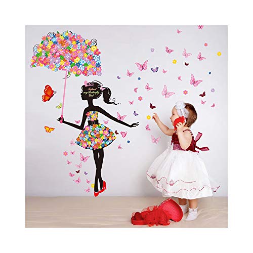 Product Cover Alrens 57 x 67 Inch Flower Umbrella Butterfly Girl Wall Sticker Removable Vinyl DIY Art Mural Decals Decor for Living Room/Bedroom/Playroom/Hallway/Kindergarten/Home School