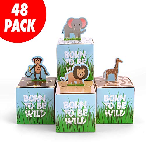 Product Cover Adorox Small 48 Pcs Born to Be Wild Adorable Jungle Safari Zoo Theme Baby Shower Favor Candy Treat Box Cute Birthday Decoration (Assorted (48 Pieces))