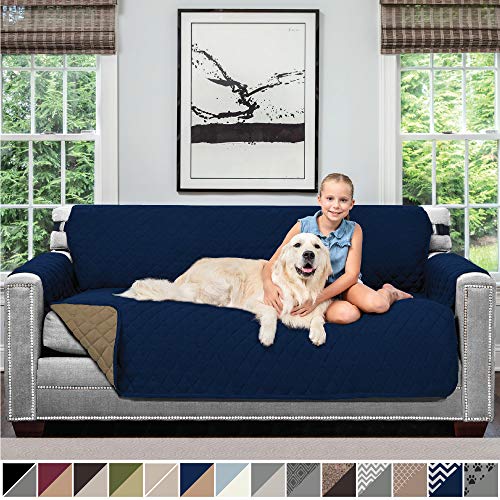 Product Cover Sofa Shield Original Patent Pending Reversible Large Sofa Protector for Seat Width up to 70 Inch, Furniture Slipcover, 2 Inch Strap, Couch Slip Cover Throw for Pets, Kids, Cats, Sofa, Navy Sand