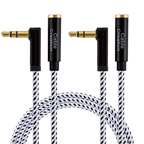 Product Cover CableCreation [2-Pack] 6 Feet 3.5mm Male to Female Extension Stereo Audio Extension Cable Adapter, 90 Degree Right Angle Aux Cable, Black and White