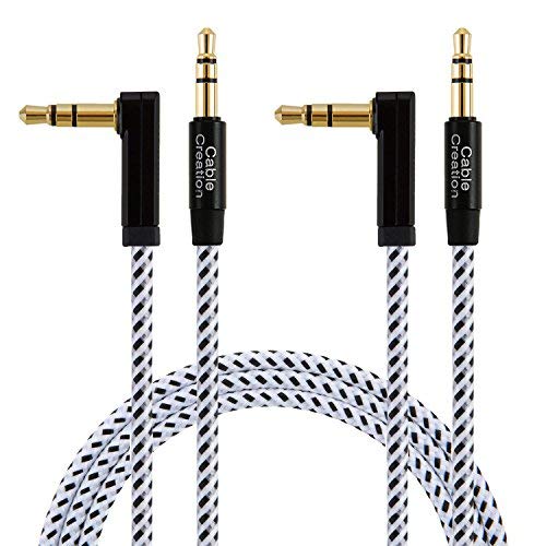 Product Cover CableCreation [2-Pack] 6 Feet 3.5mm Auxiliary Audio Cable 90 Degree Right Angle Compatible with Apple iPhone, iPod, iPad, Samsung,Smartphones & Tablets and Speakers,24K Gold Plated, Black & White
