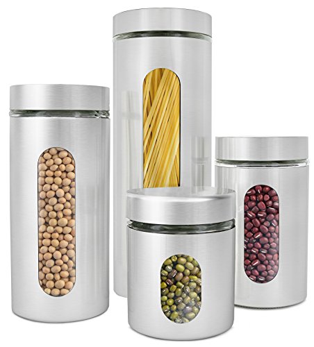 Product Cover Estilo 4 Piece Brushed Stainless Steel and Glass Canisters with Window, Silver