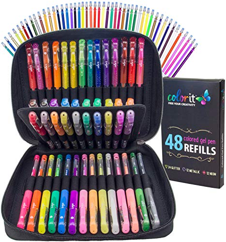 Product Cover ColorIt Gel Pens For Adult Coloring Books - Premium Ink Gel Pens Set With Case Includes 48 Artist Quality Coloring Pens: 24 Glitter, 12 Metallic, 12 Neon Plus 48 Matching Refills For 96 Total Pieces