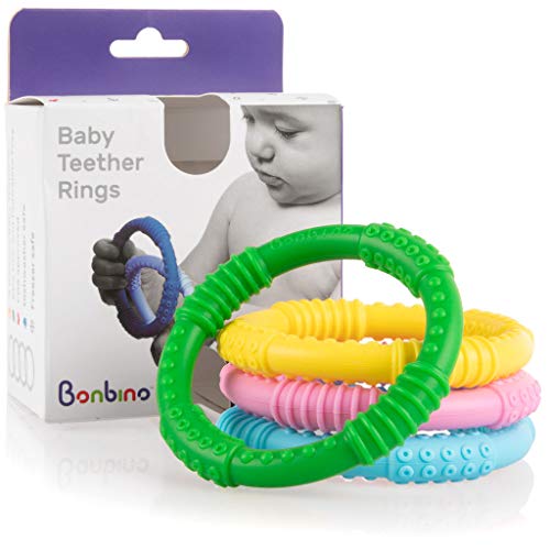 Product Cover Teether Rings - (4 Pack) Silicone Sensory Teething Rings - Fun, Colorful and BPA-Free Teething Toys - Soothing Pain Relief and Drool Proof Teether Ring (Unisex)