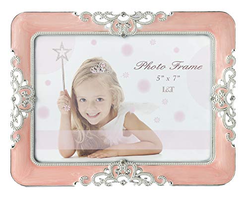 Product Cover L&T Pink Enamel Picture Frame Metal with Silver Plated and Jewels, Charming Photo Frame 5x7 Inch