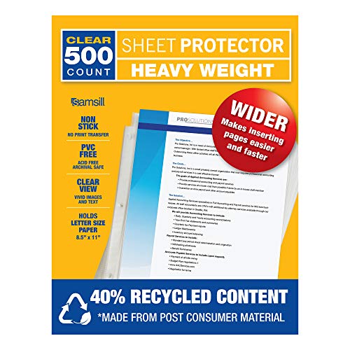 Product Cover Samsill 500 Clear Heavyweight Sheet Protectors, 3.3 Mil Thickness, Top Loading / 3 Hole Design Page Protectors, Archival Safe for Photos or Printed Copy, Holds Multiple 8.5 x 11 Sheets, Bulk 500 Pack