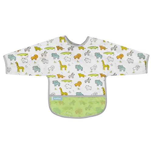 Product Cover Kushies Cleanbib Waterproof Feeding Bib with Sleeves and Catch All/Crumb Catcher pocket. Wipe clean and reuse! Lightweight for comfort, Baby Boys and Girls, Unisex, 6-12 Months, White Little Safari