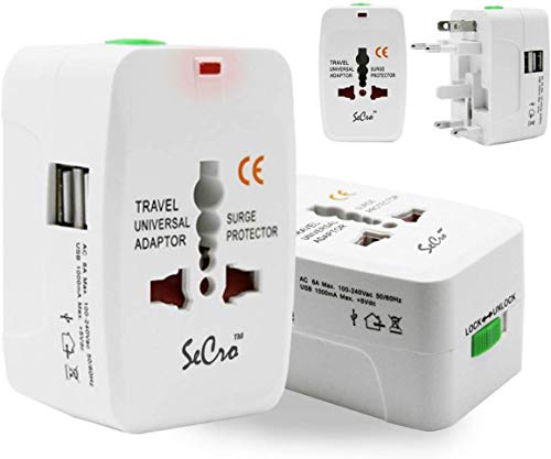 Product Cover SeCro Universal Travel Adapter with Built in Dual USB Charger Ports with 125V 6A, 250V Surge/Spike Protected Electrical Plug (White)