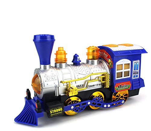 Product Cover Blue Steam Train Locomotive Engine Car Bubble Blowing Bump & Go Battery Operated Toy Train w/ Lights & Sounds (Blue)