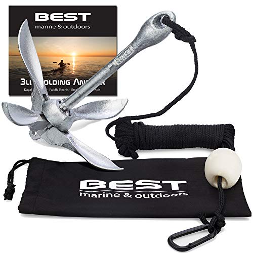 Product Cover Best Marine Kayak Anchor Accessories for Kayak Fishing, Canoe, Jet Ski, SUP Paddle Board and Small Boats. 3.5lb Folding Grapnel Boat Anchor with a 40 Foot Marine Grade Rope. Perfect Trolley Kit Anchor