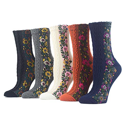 Product Cover ZZIYEETTM 5 Pairs Women Nordic Stripe Flower Socks Girls Vintage Ethnic Floral Cotton Socks