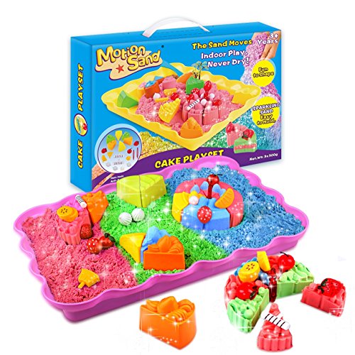 Product Cover MOTION SAND, 2LBS Shimmering Play Sand for Kids (Include 3 Colors), Cake Playset Molds Kit, Magic Play Sand with 20 Pcs Sand Molds and 1 Sand Tray